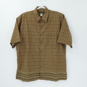 Tori Richard Shirt Mens L‎ Brown Geometric Border Print Cotton Lawn Hawaiian